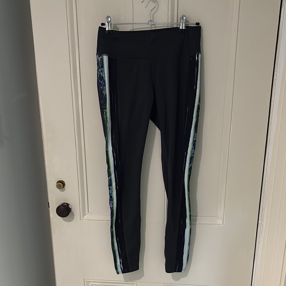 Athleta Black Leggings with Blue and Green Accents